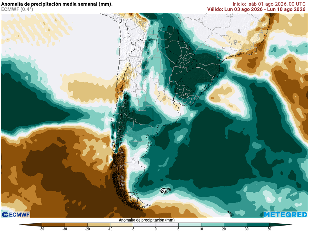 Anomalía de precipitación para la primera semana de Agosto, muestra una señal húmeda sobre Chile central.