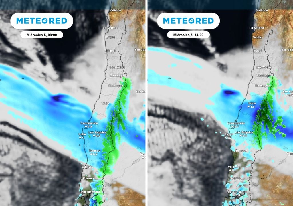 Vemos como durante todo el día miércoles las recipitaciones estáran golpeando fuertmente el centro-sur desde la mañana hasta la tarde.
