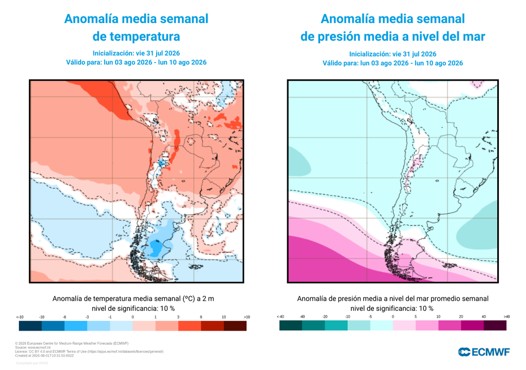anomalía de temperaturas y presión El calor se intensifica en el norte y el frío extremo de la zona austral disminuye.