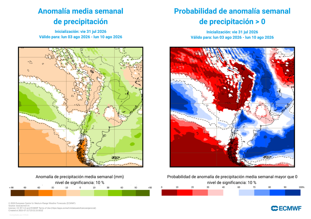 anomalía de precipitación y probabilidad de precipitación sobre le promedio Las precipitaciones extremas en Chile darán una pausa en la primera semana de agosto. La zona centro-sur recibirá lluvias con montos dentro de lo normal para la época.