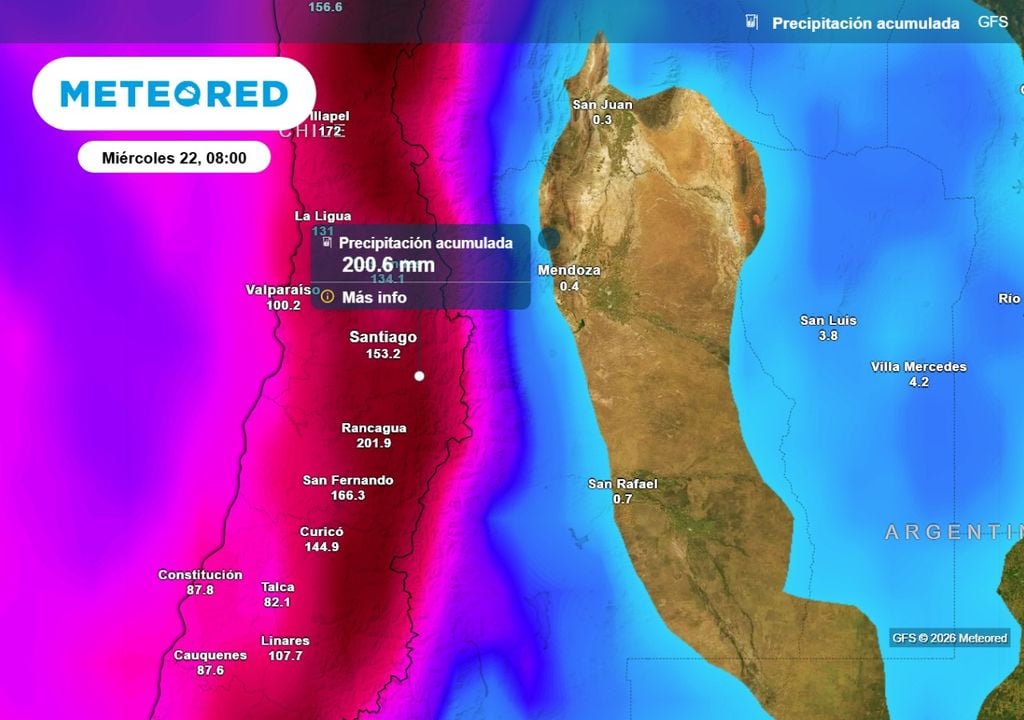 Modelo GFS, acumulados de precipitaciones. Modelo GFS norteamericano muestra mucha lluvia por caer aún en la Región Metropolitana durante los próximos días