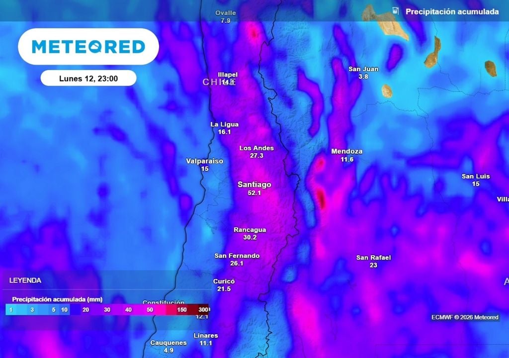Precipitación acumulada Santiago seguirá registrando lluvias la próxima semana: entre lunes y martes podrían caer entre 5 y 15 mm más.