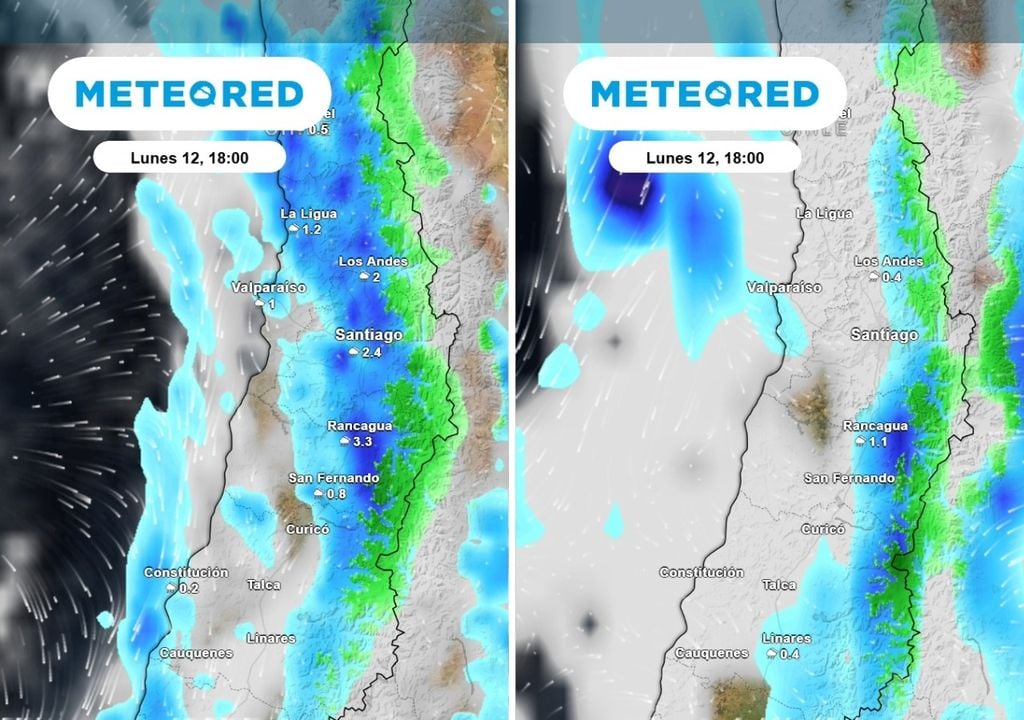 Lluvias Modelo ECMWF (imagen izquierda) muestra precipitaciones relevante en Santiago, mientras el GFS acota las lluvias a sectores cordilleranos.