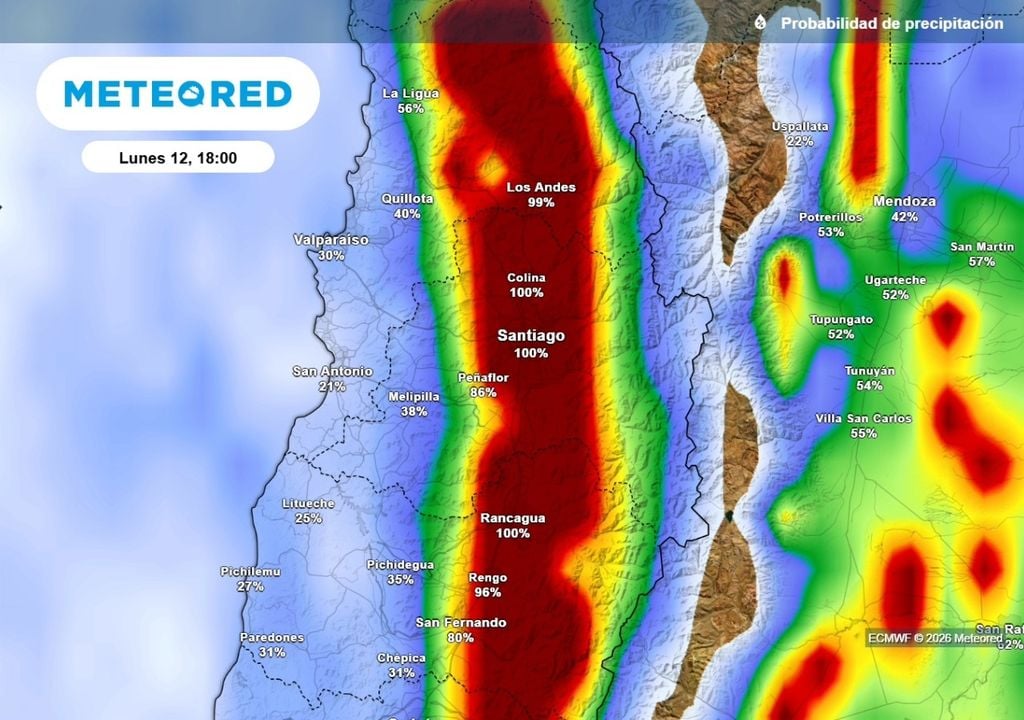 Probabilidda Modelo ECMWF muestra una probabilidad de ocurrencia del 100 % para Santiago, sin embargo esto no quiere decir que sean acumulados elevados.