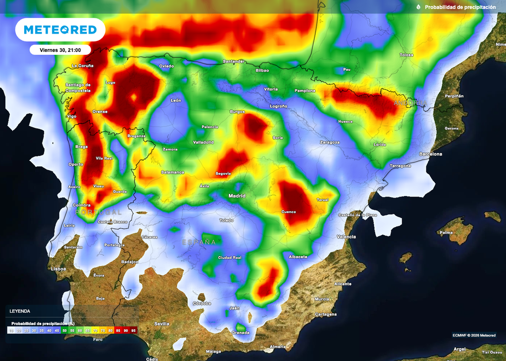 Mañana la probabilidad de lluvias será alta en muchas zonas del noroeste, interior peninsular y Pirineos.