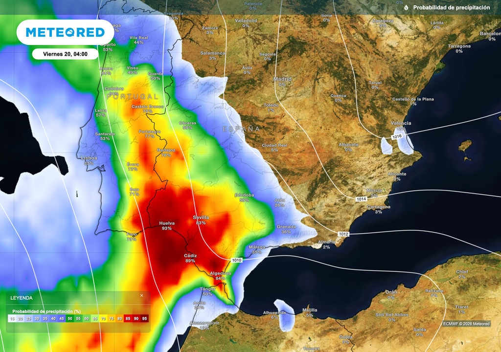 La probabilidad de precipitación sobrepasará el 80 y 90% en diversas capitales de provincia de Andalucía occidental el viernes de madrugada.