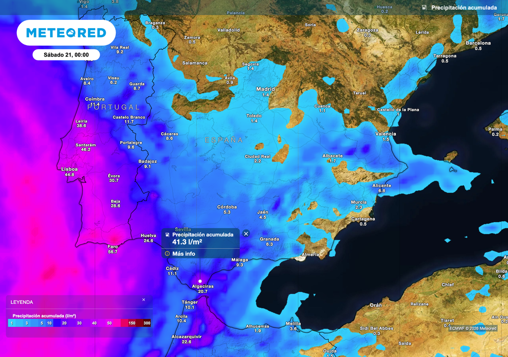 La provincia de Cádiz registrará las lluvias más abundantes de aquí a la medianoche del sábado. Fuente: modelo europeo.