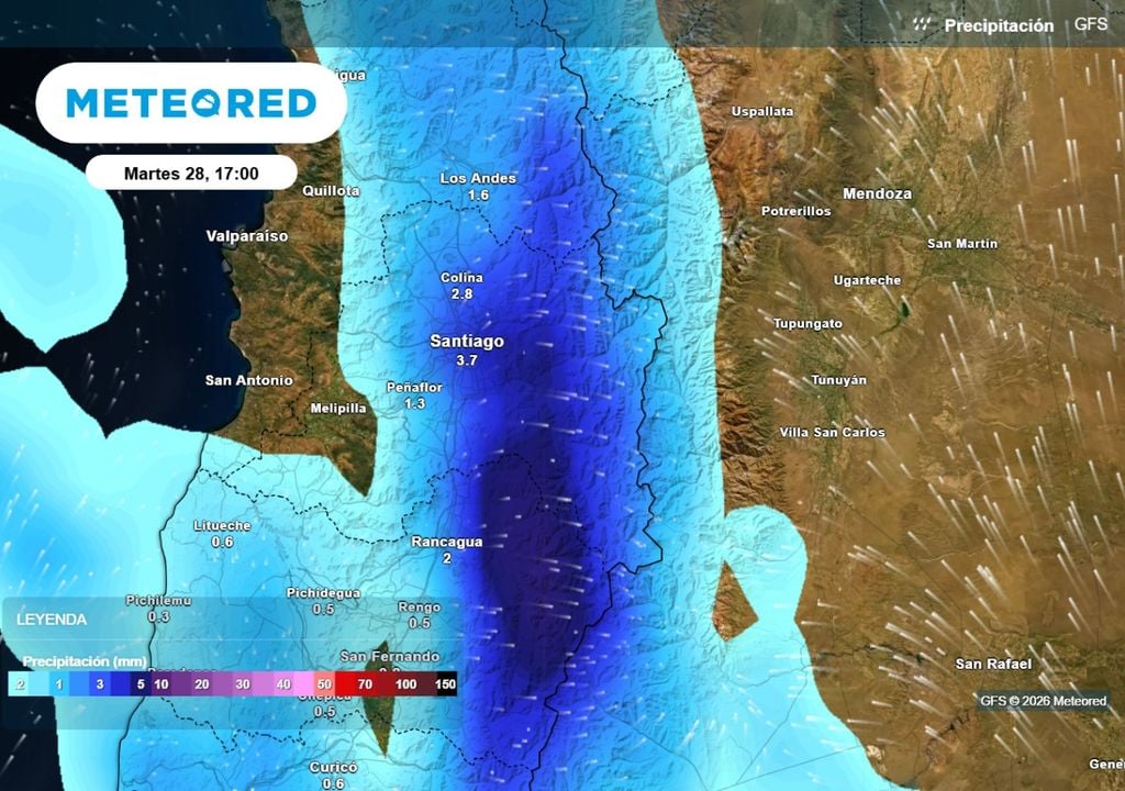 GFS El modelo GFS muestra un evento débil el lunes y lo más intenso en un segundo pulso el próximo martes en Santiago