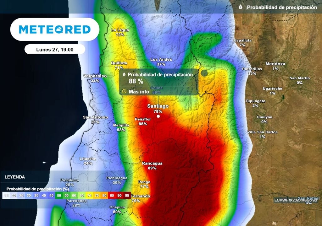 ECMWF Modelo europeo mantiene una probabilidad de lluvias sobre el 90% en zonas de la Región Metropolitana.