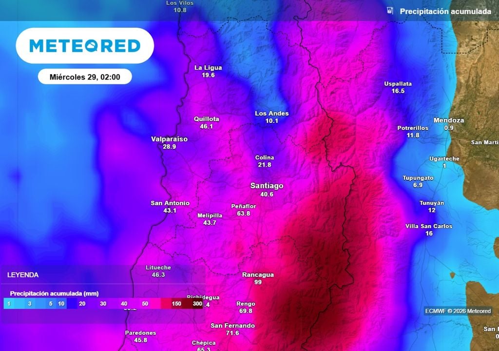 Acumulados Entre hoy sábado y el próximo martes, el modelo europeo pronostica que se acumularían cerca de 40 mm en sectores del valle de Santiago.