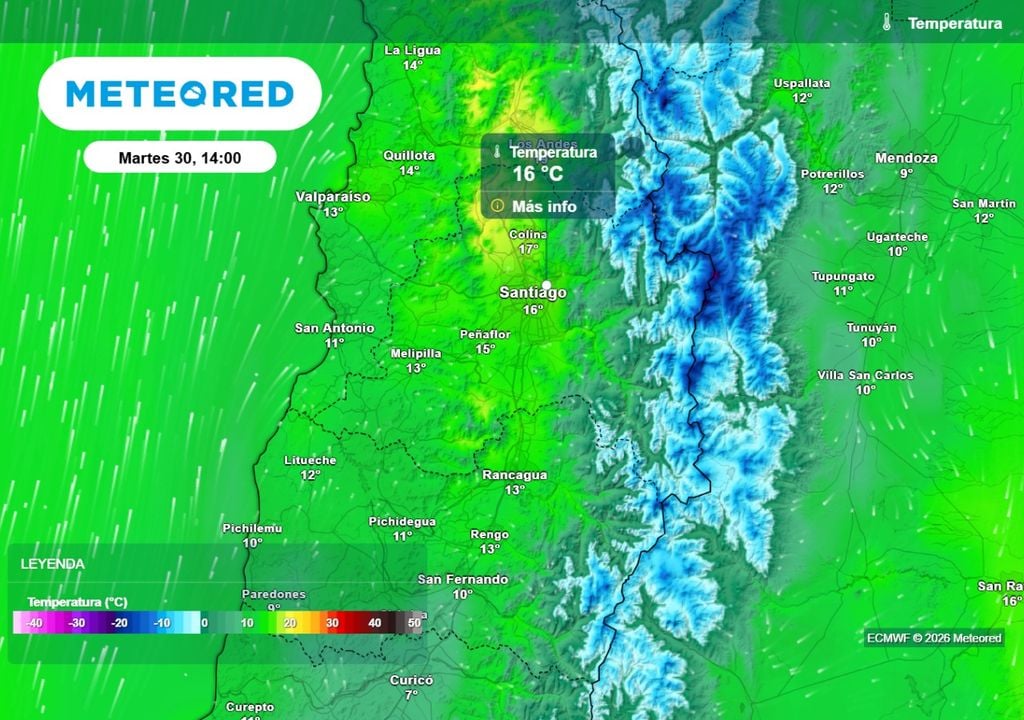 Este martes el modelo europeo prevé cerca de 16 °C en el centro de Santiago: al norte de la RM las temperaturas podrían llegar hasta los 19 °C.