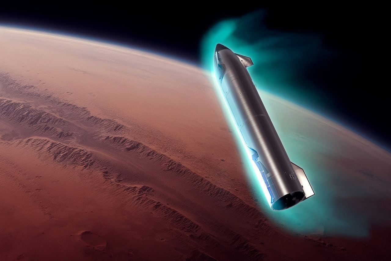 Representación artística de la nave espacial Starship aproximándose a Marte. Crédito: SpaceX