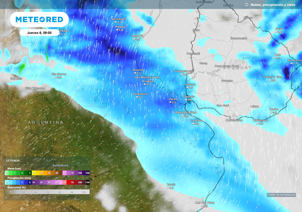 Nubes_ precipitación y nieve__Jueves 6 de Agosto a las 9 h. Un frente frío estará avanzando el jueves 6 de Agosto hacia AMBA.