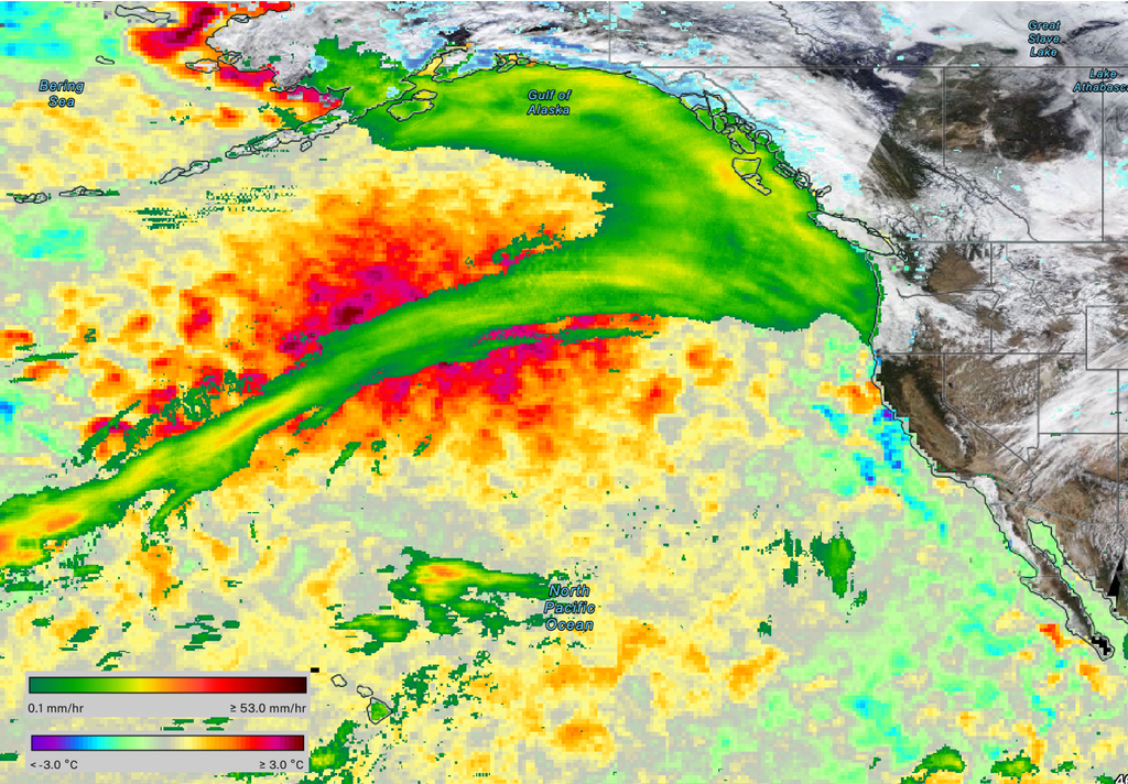 ARs y MWHs Los ríos atmosféricos puede atravesar zonas oceánicas que se están más cálidas de lo normal. Fuente imagen: NASA Worldview.
