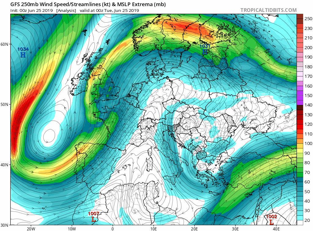 Chorro en 250 hPa desde el 25 al 30 de junio de 2019 según el modelo GFS. Tropicaltidbits Chorro en 250 hPa desde el 25 al 30 de junio de 2019 según el modelo GFS. Tropicaltidbits