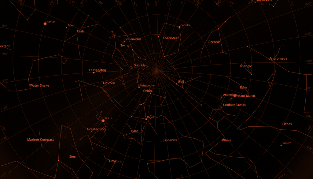 La mejor oportunidad para observar es cuando el radiante está en el cenit. No olvides poner tu app en modo oscuro (rojo). Crédito: Zeus Valtierra / Stellarium.