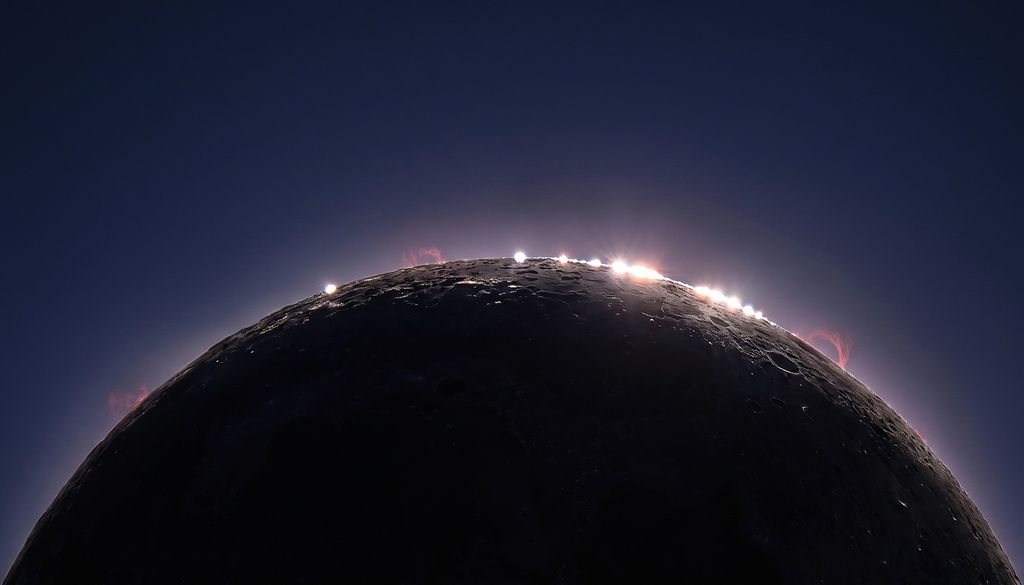Las perlas de Baily aparecen durante los últimos segundos antes de la totalidad, cuando la luz solar atraviesa los valles del relieve lunar.