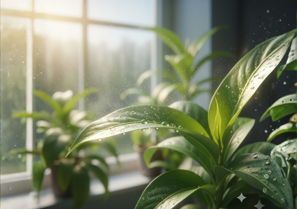 Las gotas visibles sobre las hojas representan la liberación de vapor de agua durante la evapotranspiración, un proceso mediante el cual las plantas ayudan a refrescar el aire interior y a disminuir la sensación de calor en espacios expuestos a altas temperaturas.