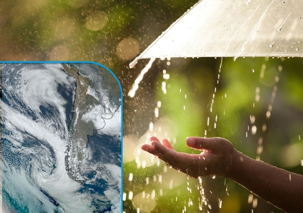 Persona con la mano extendida hacia la lluvia y una imagen satelital con un sistema frontal