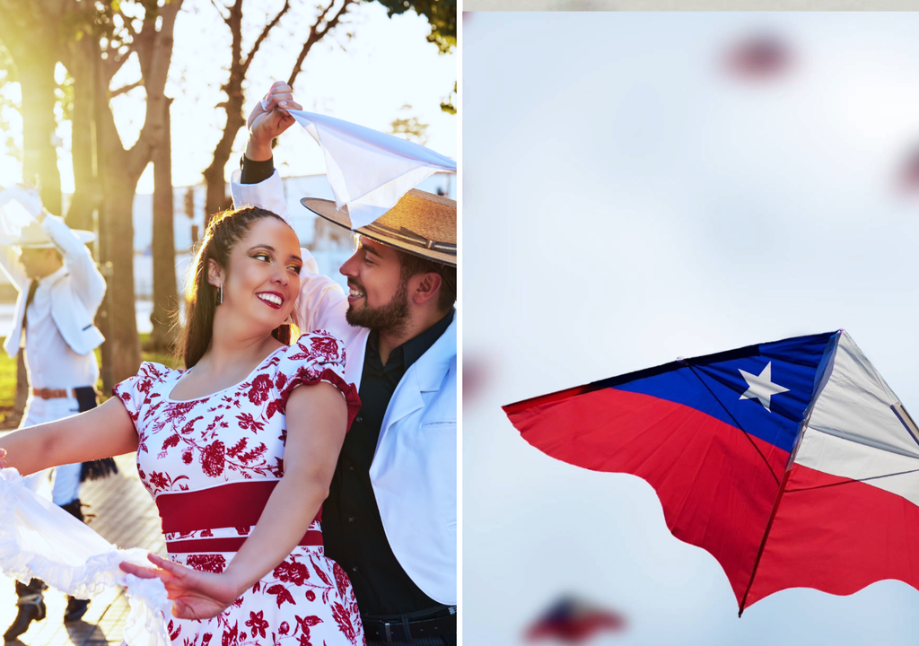 personas bailando cueca y un volantín en el aire