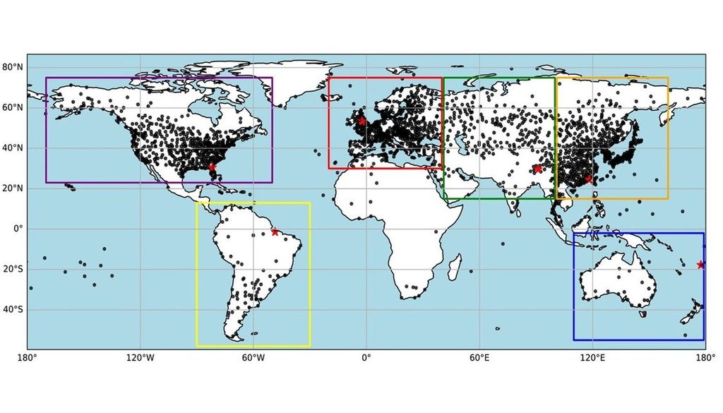 Mapa global con la ubicación de las series mensuales de velocidad del viento cerca de la superficie utilizadas en el estudio. En los recuadros aparecen las seis subregiones principales analizadas. Fuente: Atmospheric Research.