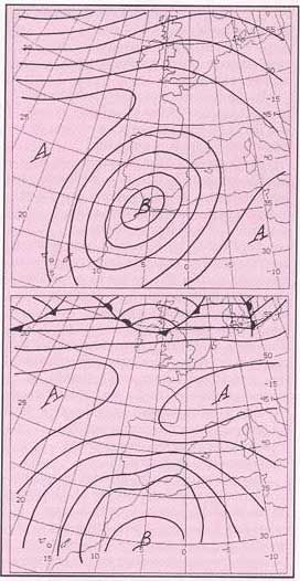 Las Situaciones De Lluvias Torrenciales En El área Mediterránea Española Y El Plan Previmet (I) Fig. 4: Mapas esquemáticos de 500 hPa (a) y superficie (b) correspondientes a la situación tipo 1 (véase texto).