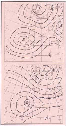 Las Situaciones De Lluvias Torrenciales En El área Mediterránea Española Y El Plan Previmet (I) Fig. 5: Mapas esquemáticos de 500 hPa (a) ) superficie (b) correspondientes a la situación tipo 2 (véase texto).