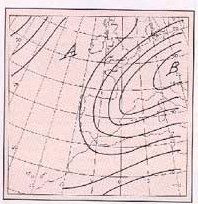 Las Situaciones De Lluvias Torrenciales En El área Mediterránea Española Y El Plan Previmet (I) Fig. 6: Mapa esquemático de 500 4Pa correspondiente a la situación tipo 3 (véase texto). En superficie (no mostrado) la situación queda muy poco definida, pudiendo aparecer un débil seno de baja presión entre Cataluña y Baleares.
