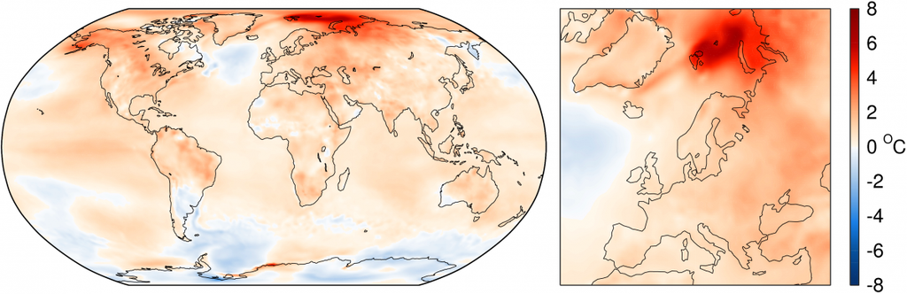 Anomalías de la temperatura superficial del aire en los 12 meses hasta agosto de 2016 con relación a la media de 1981-2010 Anomalías de la temperatura superficial del aire en los 12 meses hasta agosto de 2016 con relación a la media de 1981-2010. Fuente: ERA-Interim.