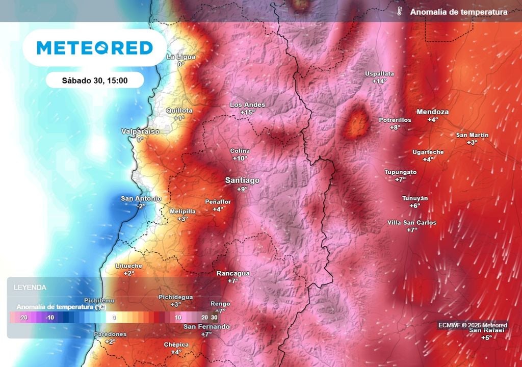 Anomalías de temperatura Un alza importante de las temperaturas llegará a Santiago el próximo sábado, aunque será menos intensa en zonas del poniente, con mayor influencia costera.