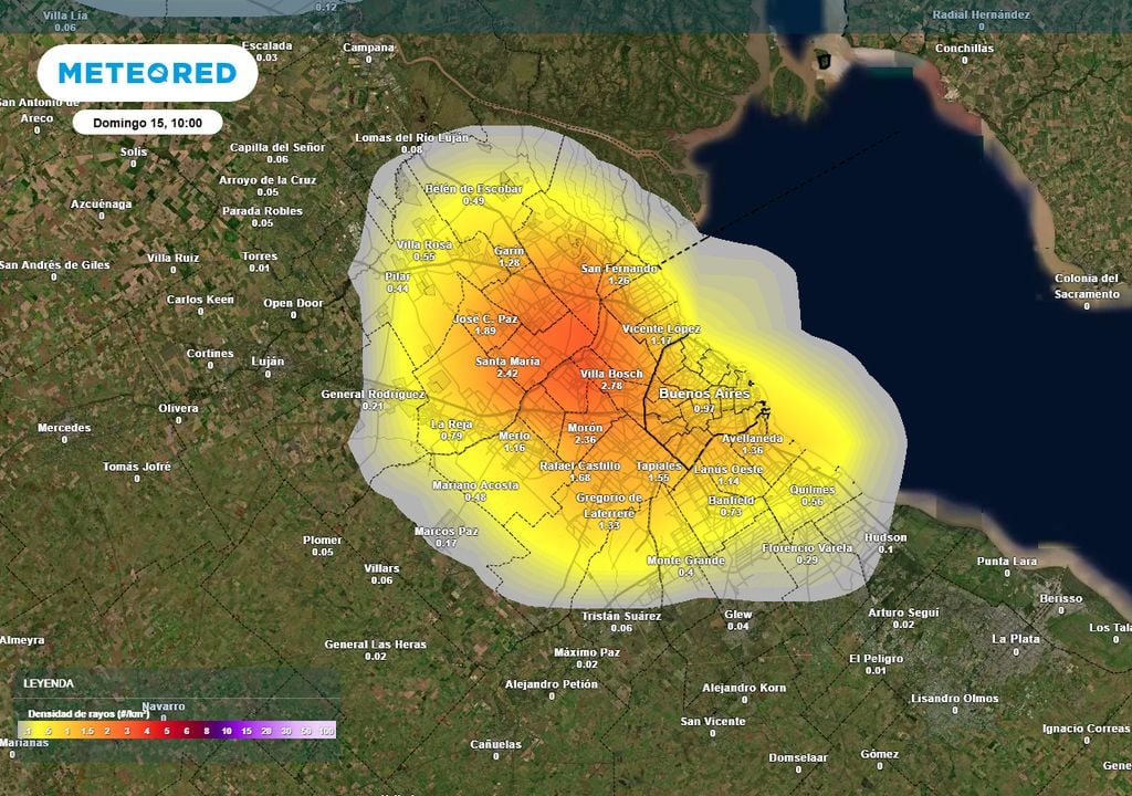 Densidad rayos Mapa de densidad de rayos/km2 en la mañana del domingo 15. Las tormentas más intensas se registrarán al norte del AMBA y por la mañana.