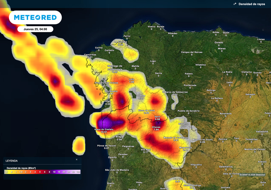 Las tormentas más intensas de la jornada serán probablemente en Galicia, llegando en forma de línea desde el mar. Fuente: modelo europeo.