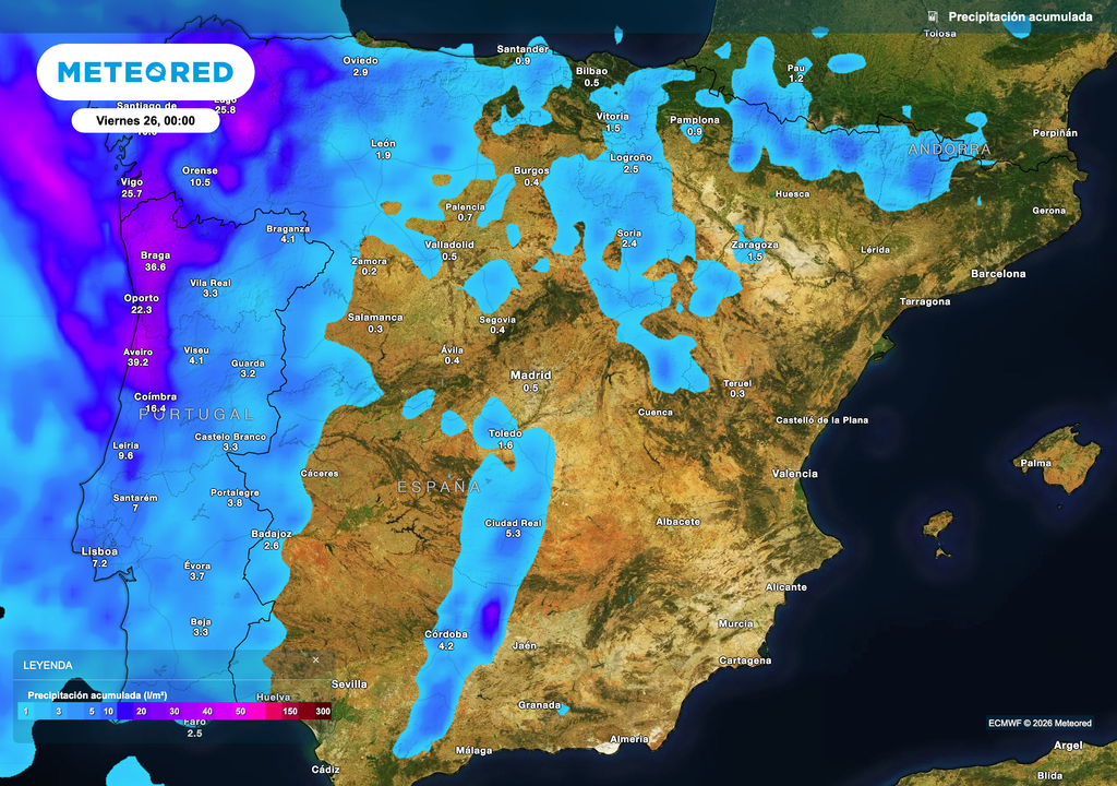 Acumulado previsto de precipitación hasta la medianoche del viernes. Fuente: modelo europeo.