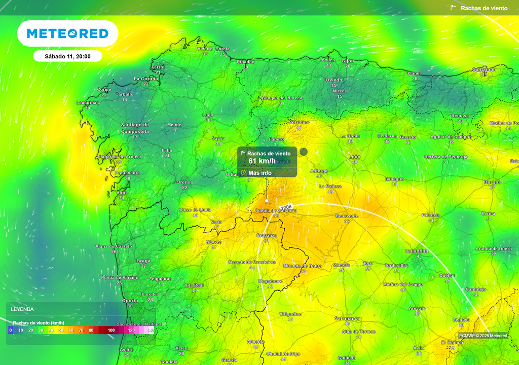 Las ráfagas de viento serán localmente intensas, con valores previstos de más de 60 km/h, que incluso podrían superarse al paso de las tormentas.