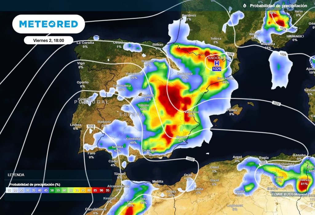 La inestabilidad se concentrará hoy en el interior, tercio este y Baleares, con chubascos y tormentas que serán localmente muy fuertes.