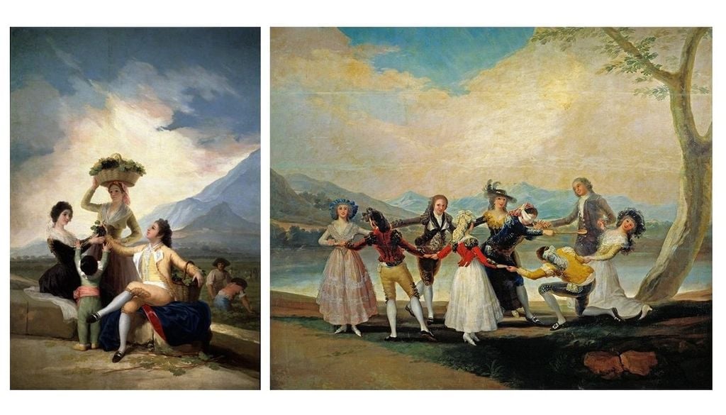 Cartones de Goya para tapices, en los que una gran nube blanca domina el fondo de las escenas. Izqda: La vendimia o El otoño (1786). Dcha: La gallina ciega (1789). ©Museo Nacional del Prado, Madrid.