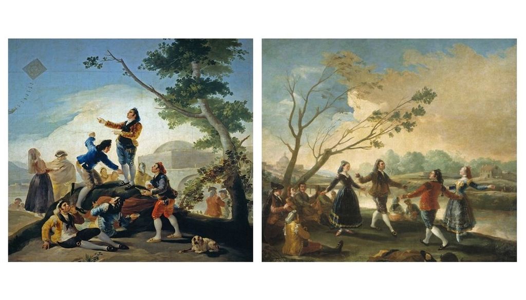 Serie de dos cartones de Goya. Izquierda: La cometa (1778). Derecha: Baile a orillas del Manzanares (1777). ©Museo Nacional del Prado, Madrid.