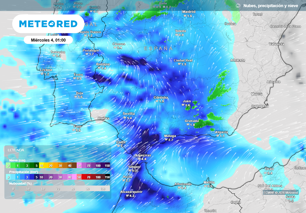 Precipitación esperada en Andalucía después de la medianoche según el modelo europeo.
