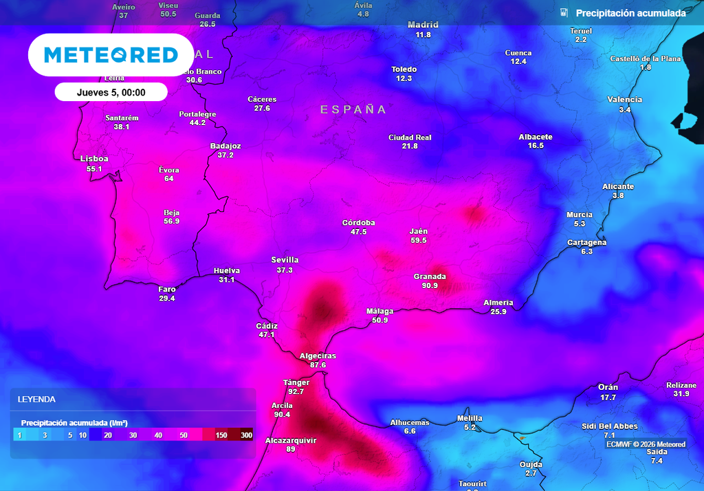 Acumulados de precipitación entre hoy y mañana en la comunidad andaluza según el modelo europeo.