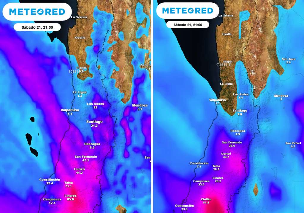 Comparación de modelos: el ECMWF (izquierda) proyecta lluvias más intensas que el GFS (derecha), concentradas desde Valparaíso al sur, mientras Coquimbo queda con acumulados débiles o nulos.