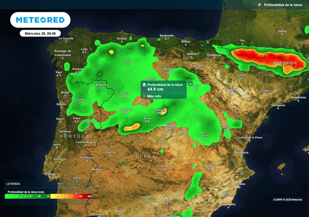 La profundidad de la nieve a primeras horas de la mañana.