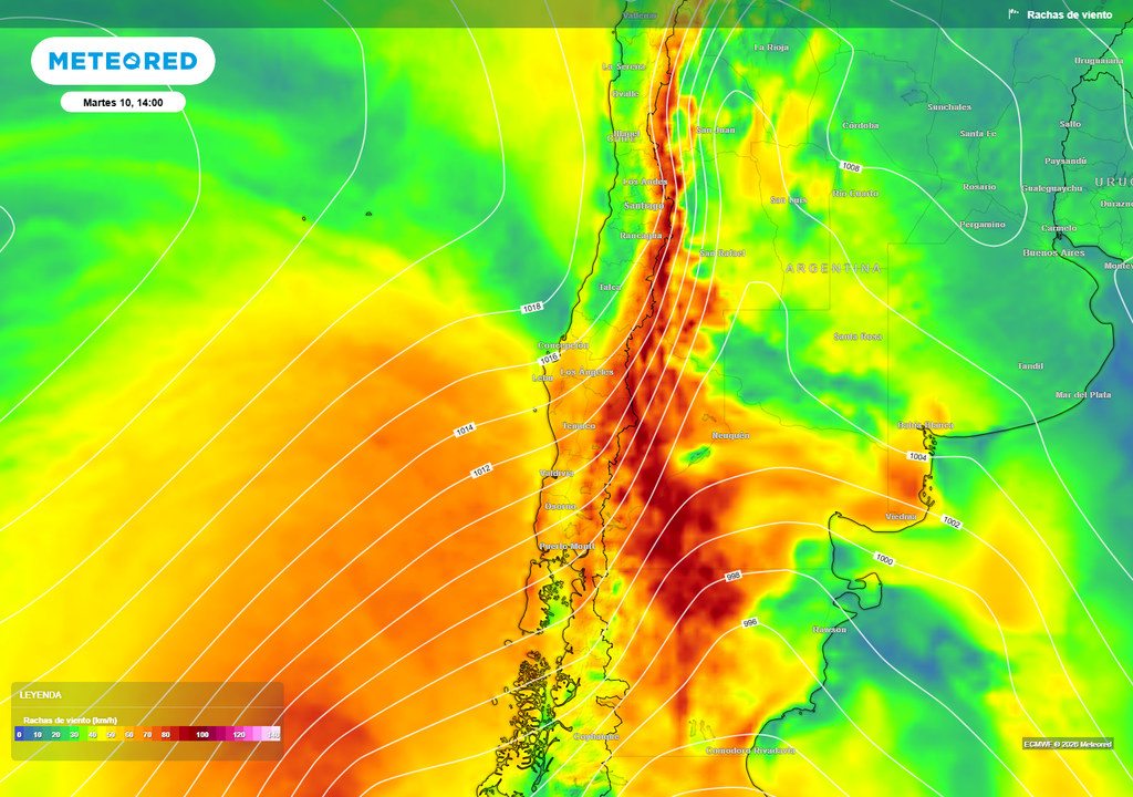 El viento en el sur de Chile alcanzará rachas cercanas a 90 km/h en sectores cordilleranos.