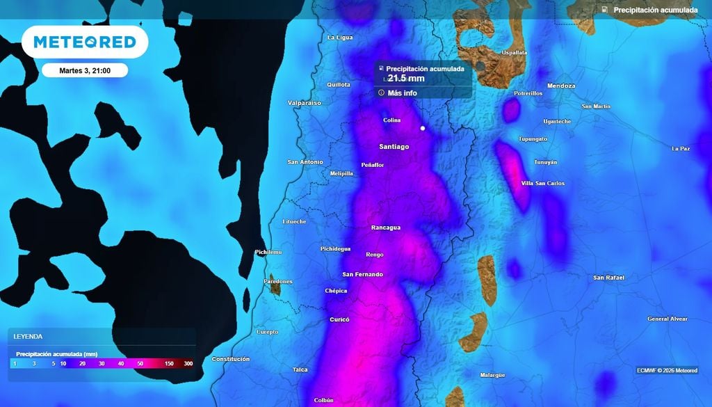 Este martes se esperan más precipitaciones: caerían hasta 20 mm en la precordillera andina.