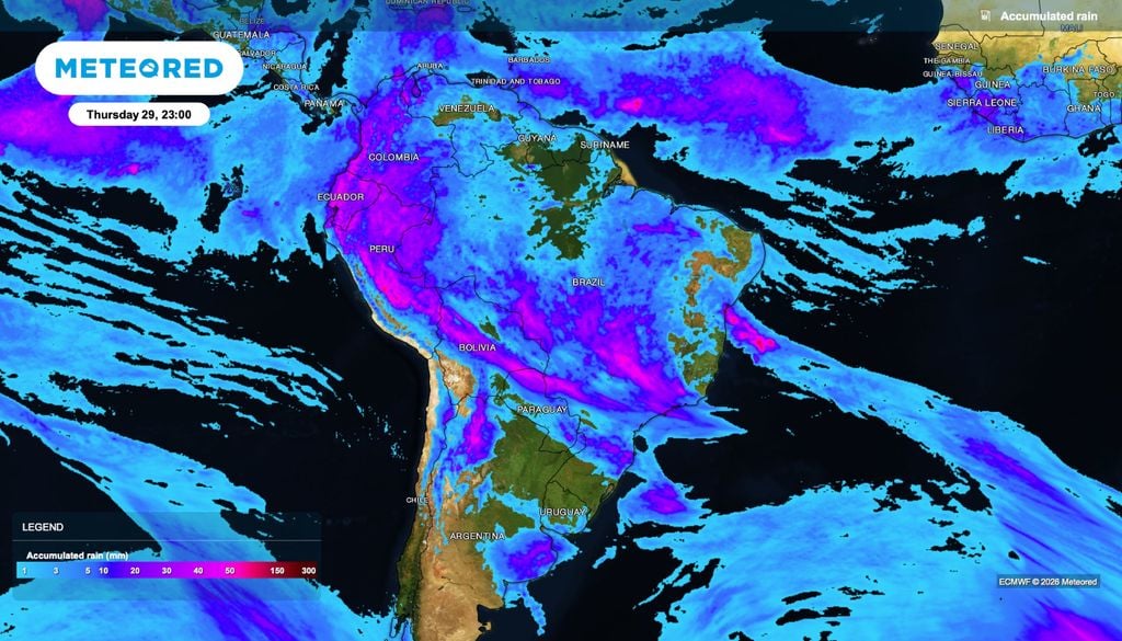 chuva, acumulada, graõs Previsão de chuva acumulada até quinta-feira (29).