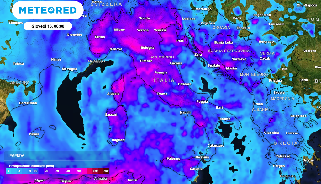 Ecco gli accumuli di pioggia previsti tra oggi e mercoledì sul nostro Paese. I cumuli maggiori si avranno al nord e sulle regioni tirreniche, in particolare tra Piemonte, Emilia Romagna, Veneto e Toscana.