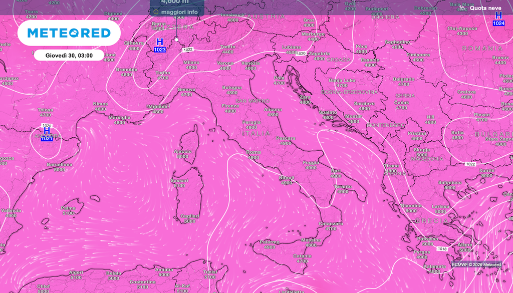 Lo zero termico nella mappa ECMWF del 30 luglio 2026. Le ondate di caldo, per meccanismi dinamici, iniziano prima col caldo in alta quota.
