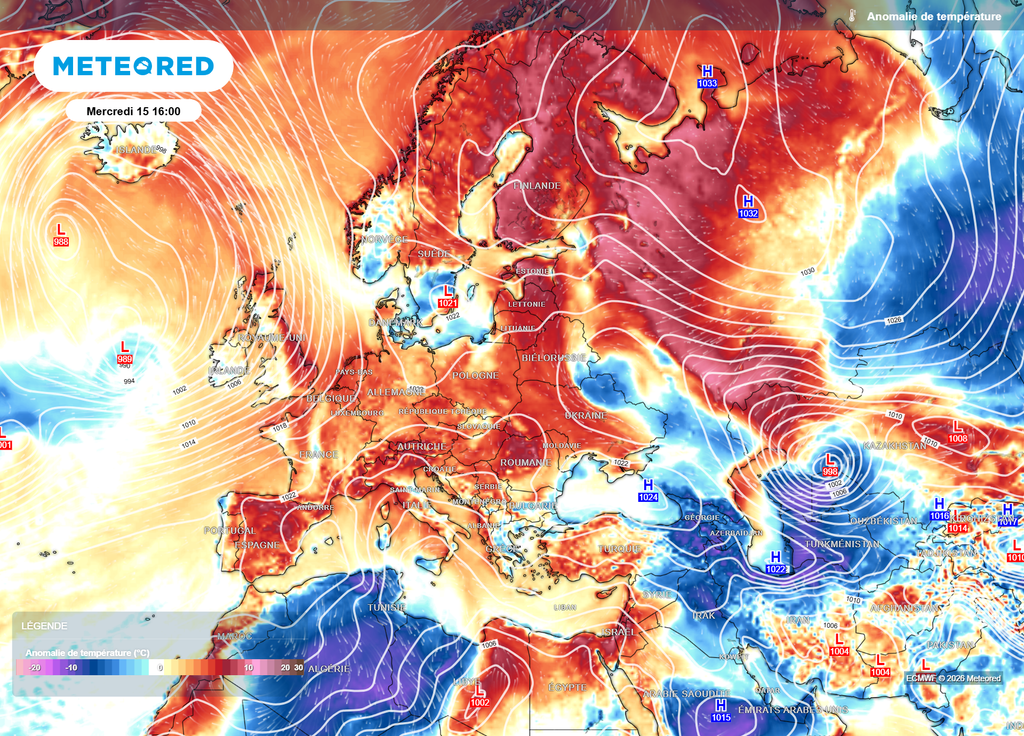 Ce mercredi, les hautes pressions vont se renforcer sur la Scandinavie, sous un air bien doux pour la saison sur une grande partie de l'Europe, l'air froid étant situé au Proche-Orient et au Maghreb.