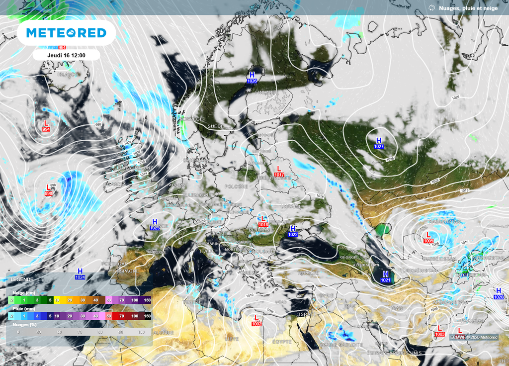 Dès jeudi, le flux va s'orienter au Sud-Ouest en France, sous l'influence d'une dorsale anticyclonique fusionnant petit à petit avec les hautes pressions scandinaves.
