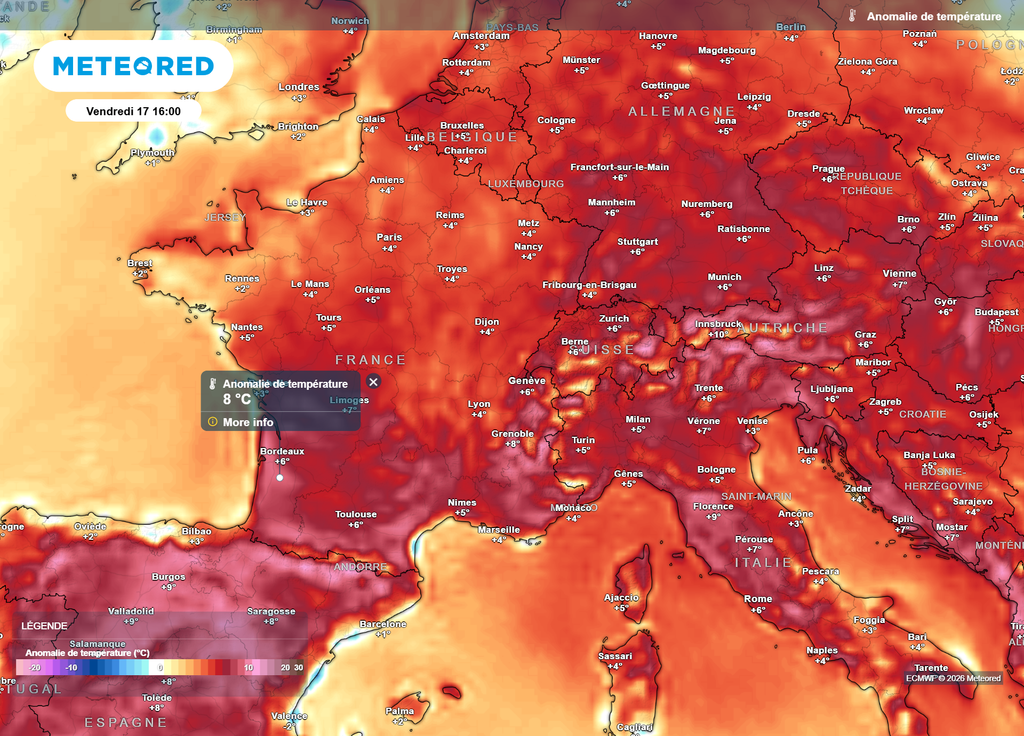 Vendredi après-midi, une grande douceur s'installera en France, sous un temps souvent ensoleillé, avec des valeurs jusqu'à 8°C au-dessus des moyennes de saison dans le Sud-Ouest.