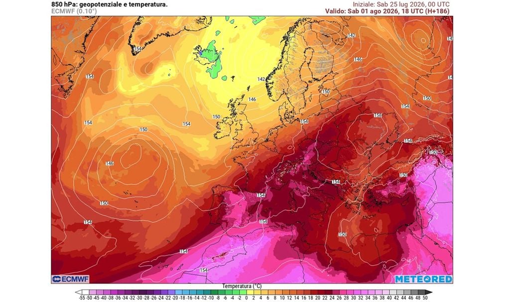 modello ecmwf Il modello europeo ECMWF prevede una nuova ondata di calore sull'Italia a inizio agosto. Il modello indica le temperature in quota, a 850 hPa (circa 1500 m sul livello del mare).